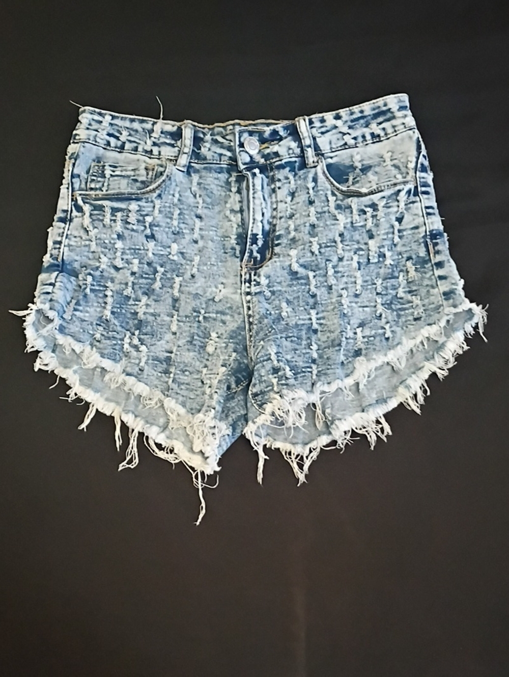 High-Rise Light Blue Distressed Denim Shorts with Frayed Hem